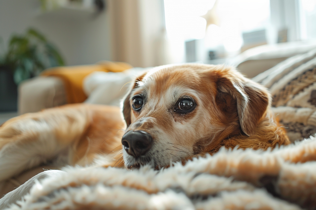 Vieux chien heureux se reposant confortablement dans sa nouvelle maison à Pantin après un déménagement en douceur